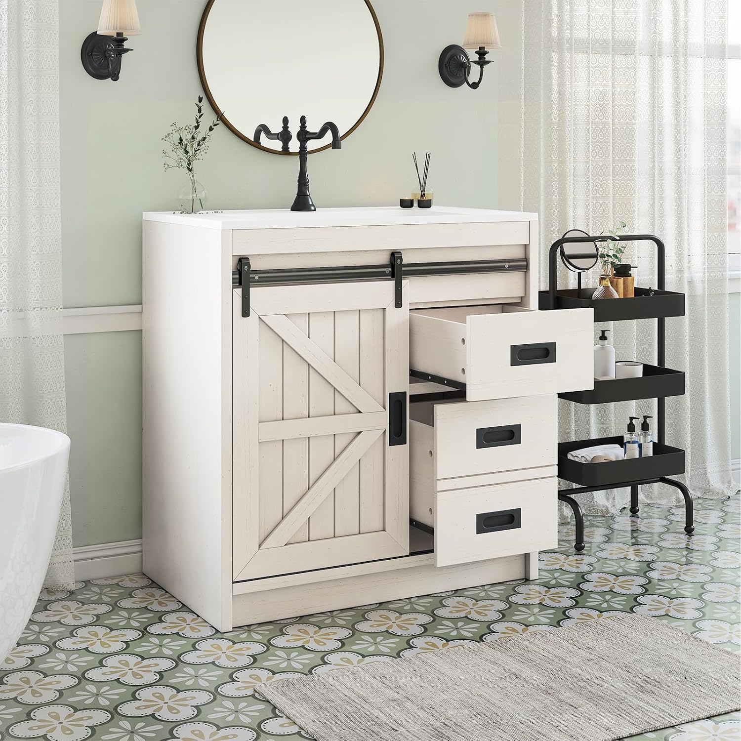 Home Bathroom Cabinets - Large Farmhouse Bathroom Vanity With Ceramic