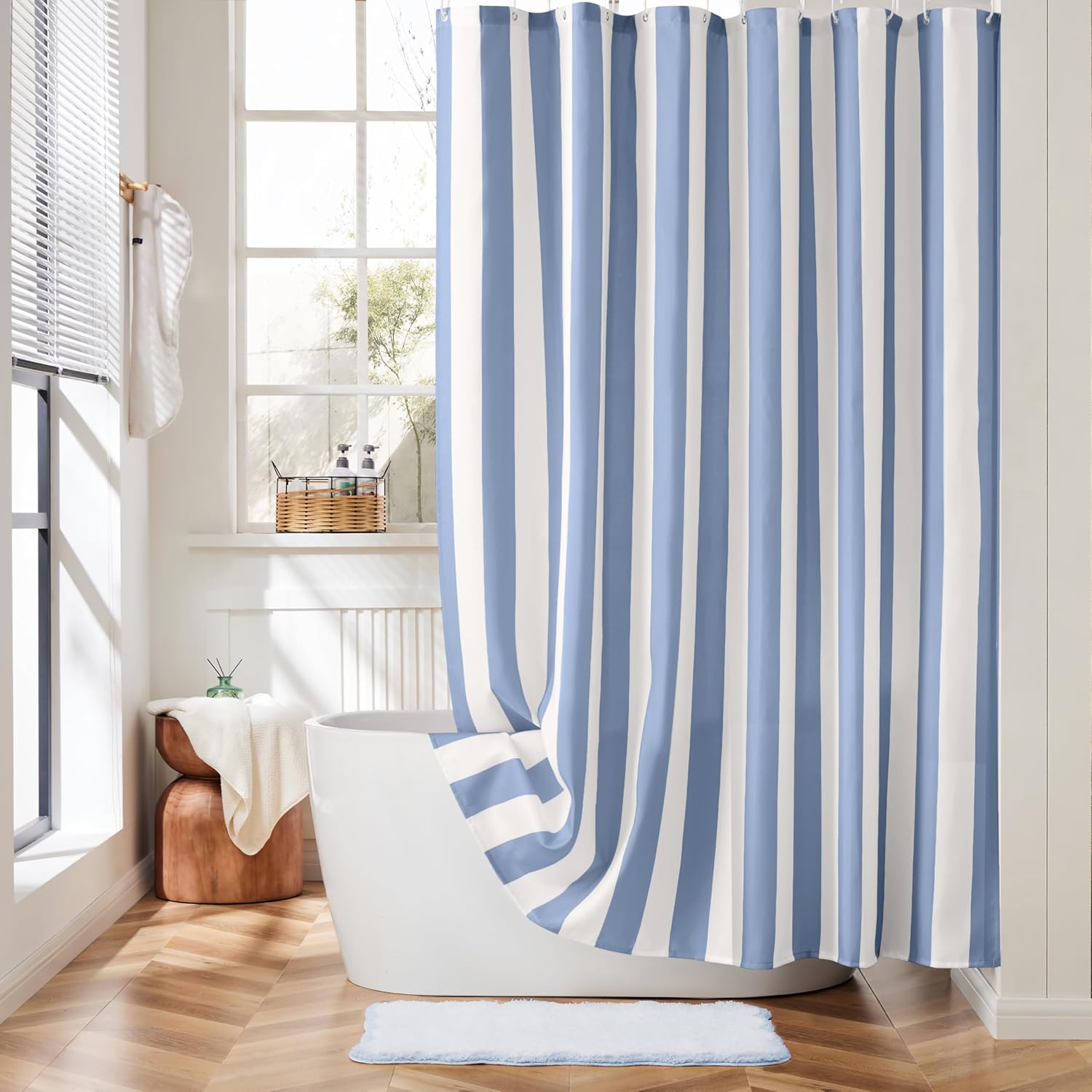 Shower Curtain Liner - Modern Blue White Striped Shower Curtain,