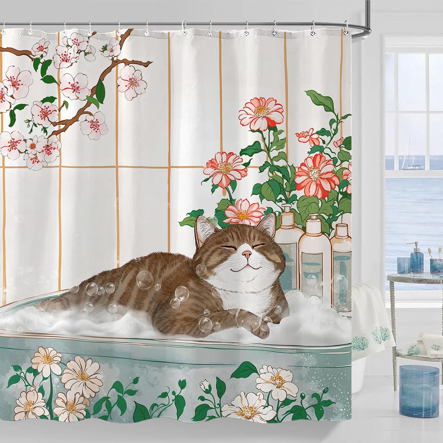 Home Bathroom Spa Ideas - Aesthetic Cat Floral Watercolor Shower Curtain